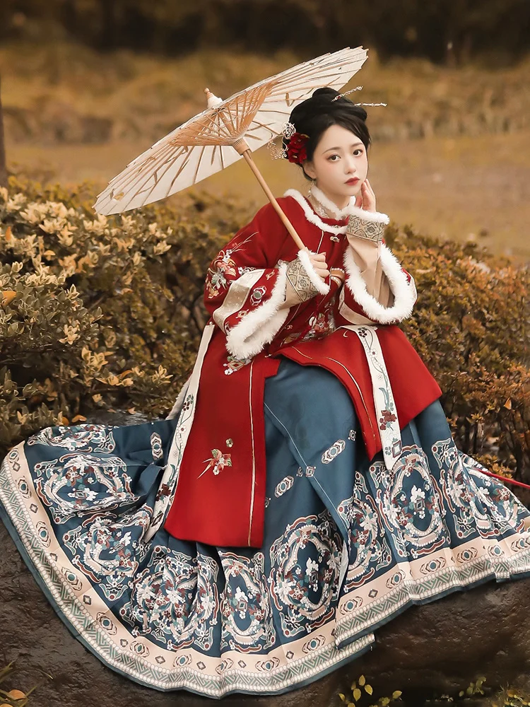 2023 Kış Hanfu Setleri Kadınlar Çin Geleneksel Yeni Yıl Hanfu Kostüm Kırmızı Ma Ana Etek Takım Elbise Kadın Noel Kostüm Görüntü 2
