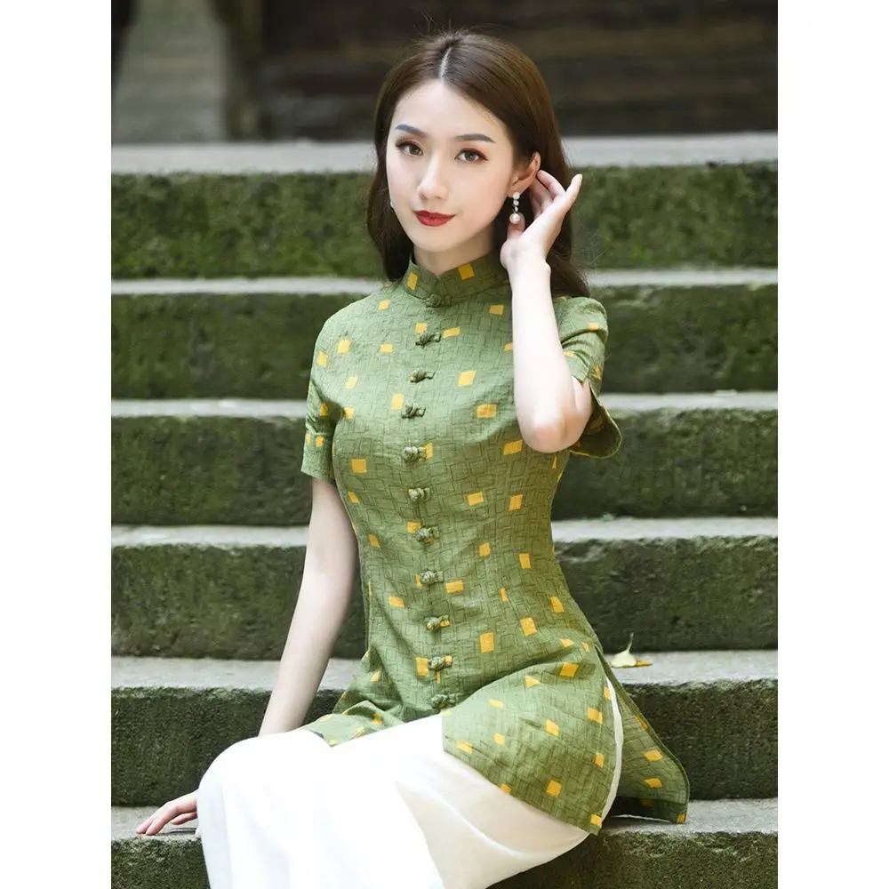 2023 çin qipao cheongsam üst kısa kollu standı yaka casual kadın gevşek üst bluz zarif hanfu tangsuits bluz a792 Görüntü 0