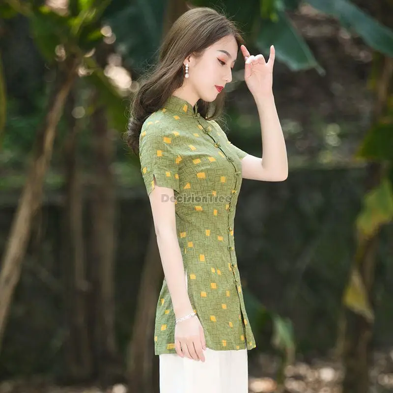 2023 çin qipao cheongsam üst kısa kollu standı yaka casual kadın gevşek üst bluz zarif hanfu tangsuits bluz a792 Görüntü 4