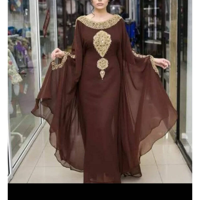 Dubai Kaftan Georgette Farasha Kaftan Abaya Maxi Jalabiya Parti Kıyafeti Görüntü 2