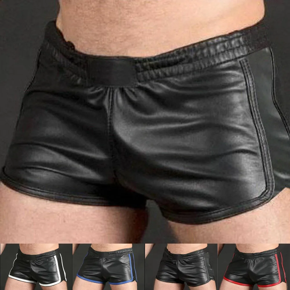 Erkek Şort Punk PU Deri Şort İnce Motosiklet Pantolon Düz Renk Artı Boyutu Şort Rahat Koşu Pantolon Görüntü 4