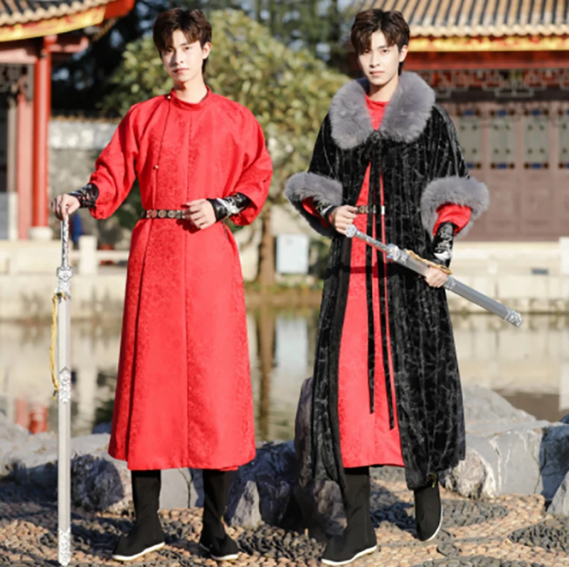 Hanfu Erkekler Çin Antik Nakış Siyah Uzun Ceket Kırmızı Robe elbise Erkek Cosplay Kostüm Yeni Yıl Kostüm Görüntü 0