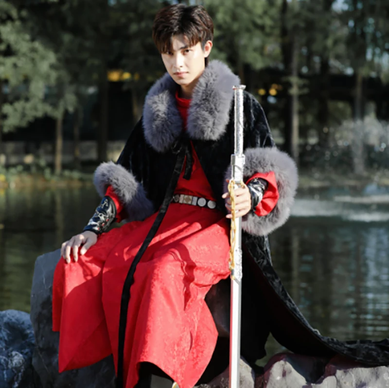 Hanfu Erkekler Çin Antik Nakış Siyah Uzun Ceket Kırmızı Robe elbise Erkek Cosplay Kostüm Yeni Yıl Kostüm Görüntü 1