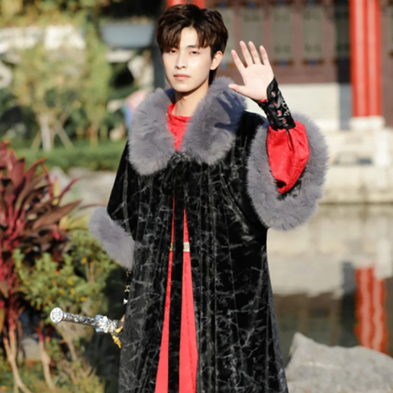 Hanfu Erkekler Çin Antik Nakış Siyah Uzun Ceket Kırmızı Robe elbise Erkek Cosplay Kostüm Yeni Yıl Kostüm Görüntü 3
