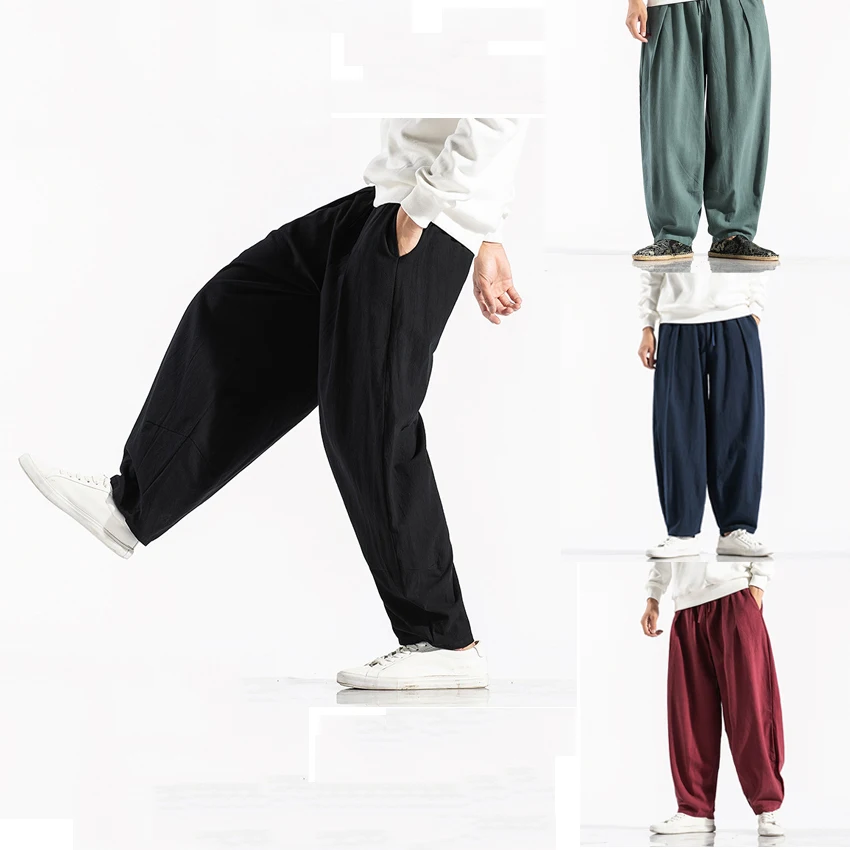 Japon erkek Geniş Bacak Pantolon Çin Tarzı Rahat harem pantolon 2022 Sonbahar Düz Renk Büyük Boy erkek pantolonları Artı Boyutu 5XL Görüntü 0