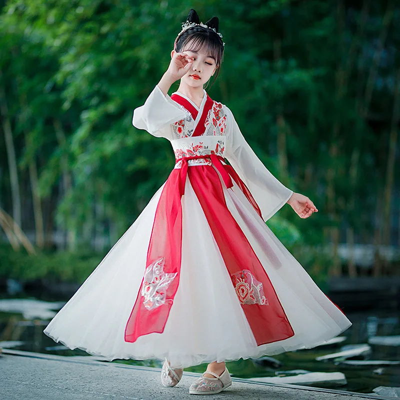 Kızlar Hanfu Çin Tarzı Elbiseler 2023 Yeni Çocuk Tang Takım Elbise Uzun Kollu V Yaka Patchwork Nakış Kemer Bahar Sonbahar Görüntü 1