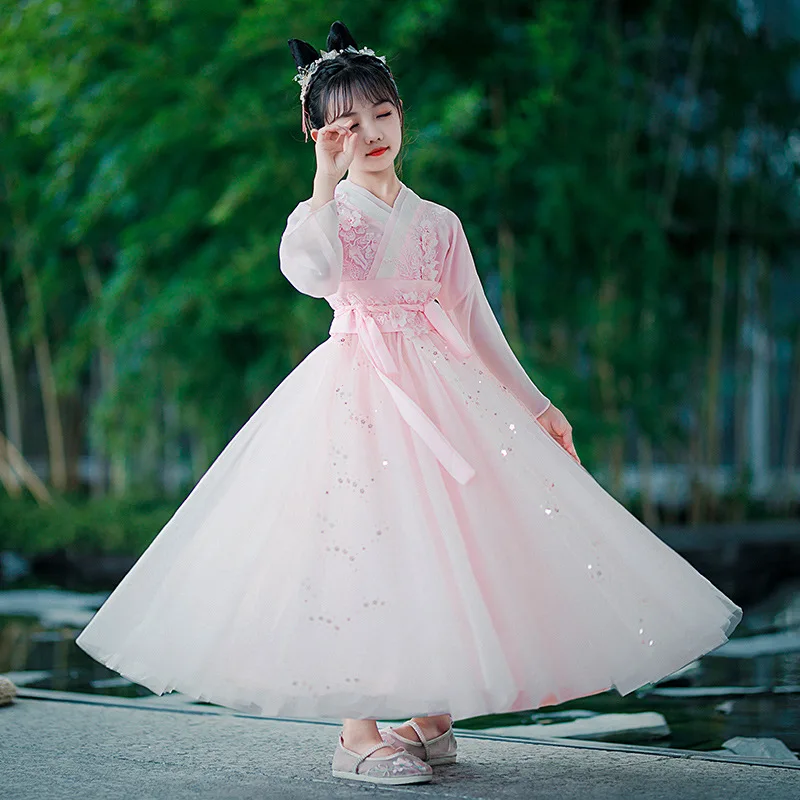 Kızlar Hanfu Çin Tarzı Elbiseler 2023 Yeni Çocuk Tang Takım Elbise Uzun Kollu V Yaka Patchwork Nakış Kemer Bahar Sonbahar Görüntü 3