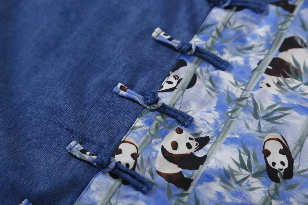 Panda Bebek Yaz 2023 Çin Tarzı İnce Takım Elbise Erkek Kısa kollu Kruvaze Cheongsam Elbise Hanfu Görüntü 3