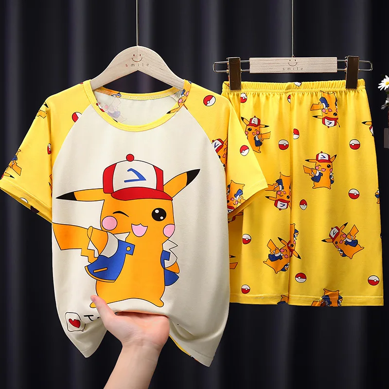Pikachu Pokemon Erkek Kız Pijama Seti yaz giysileri Set kısa kollu tişört Şort Çocuklar Spor Eşofman çocuk kıyafetleri Görüntü 0