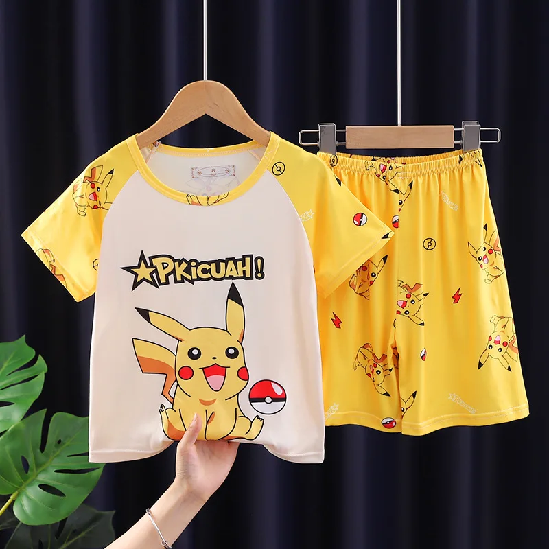 Pikachu Pokemon Erkek Kız Pijama Seti yaz giysileri Set kısa kollu tişört Şort Çocuklar Spor Eşofman çocuk kıyafetleri Görüntü 1