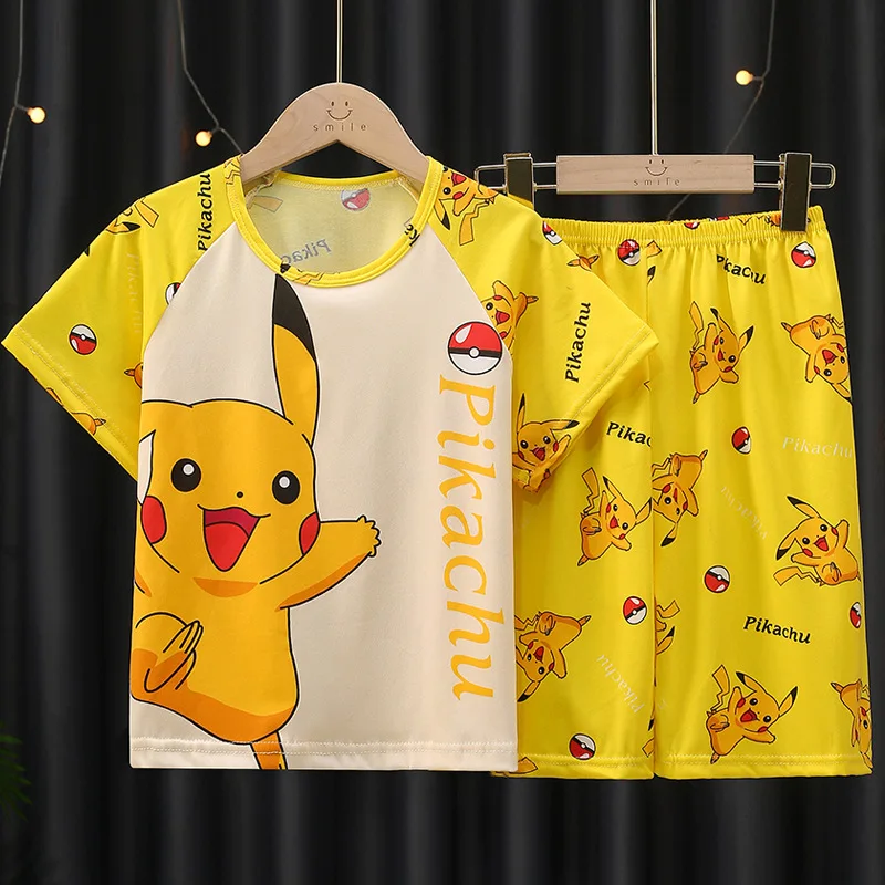 Pikachu Pokemon Erkek Kız Pijama Seti yaz giysileri Set kısa kollu tişört Şort Çocuklar Spor Eşofman çocuk kıyafetleri Görüntü 2