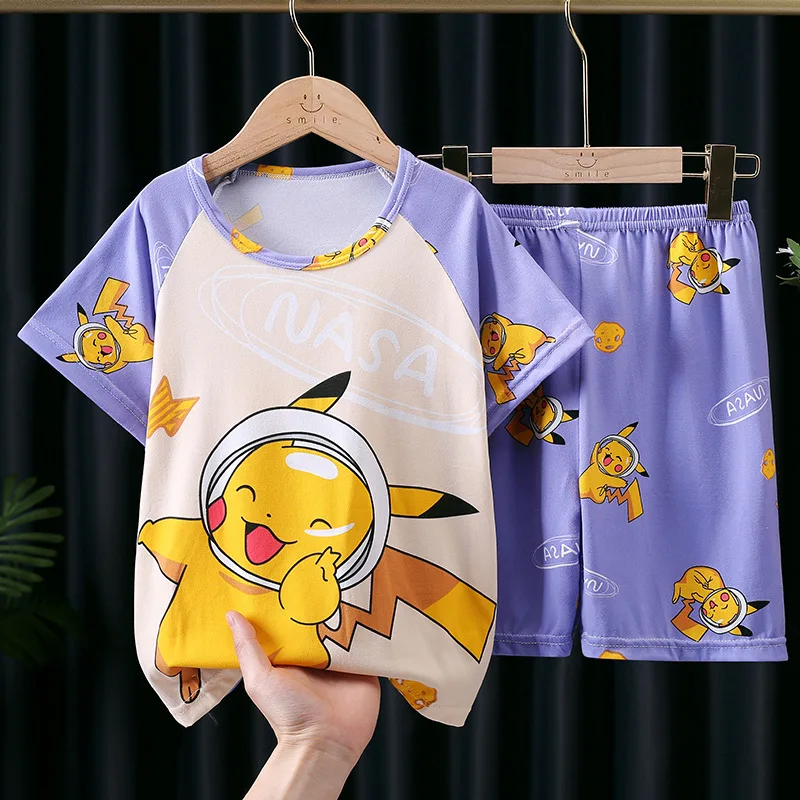Pikachu Pokemon Erkek Kız Pijama Seti yaz giysileri Set kısa kollu tişört Şort Çocuklar Spor Eşofman çocuk kıyafetleri Görüntü 3