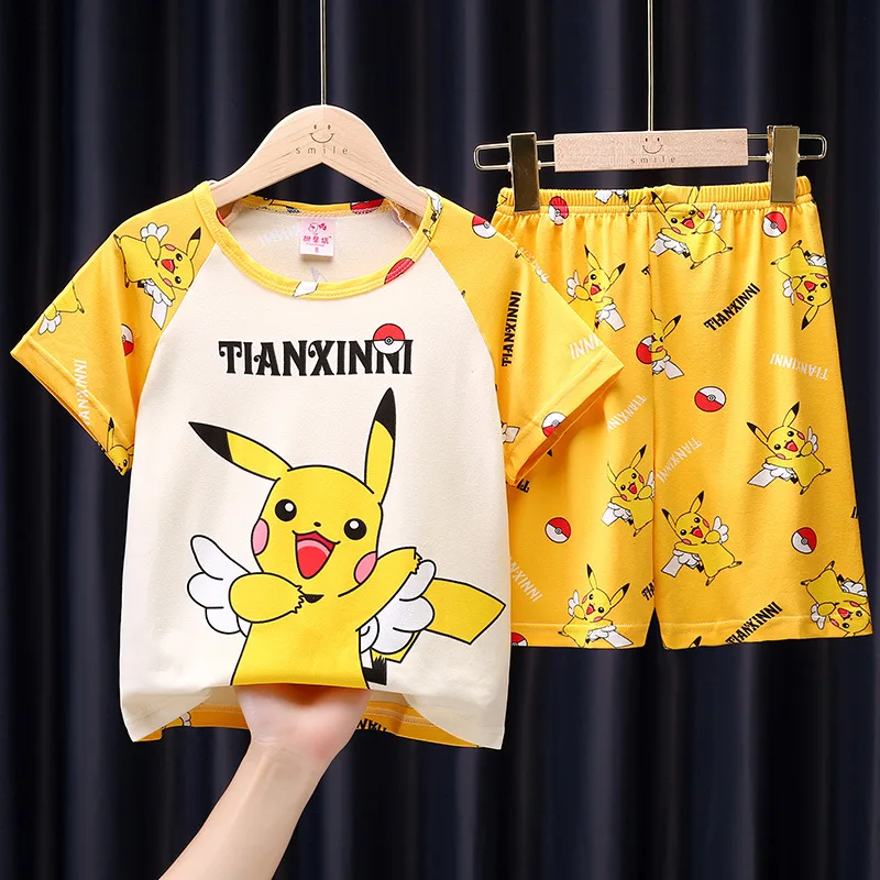 Pikachu Pokemon Erkek Kız Pijama Seti yaz giysileri Set kısa kollu tişört Şort Çocuklar Spor Eşofman çocuk kıyafetleri Görüntü 4