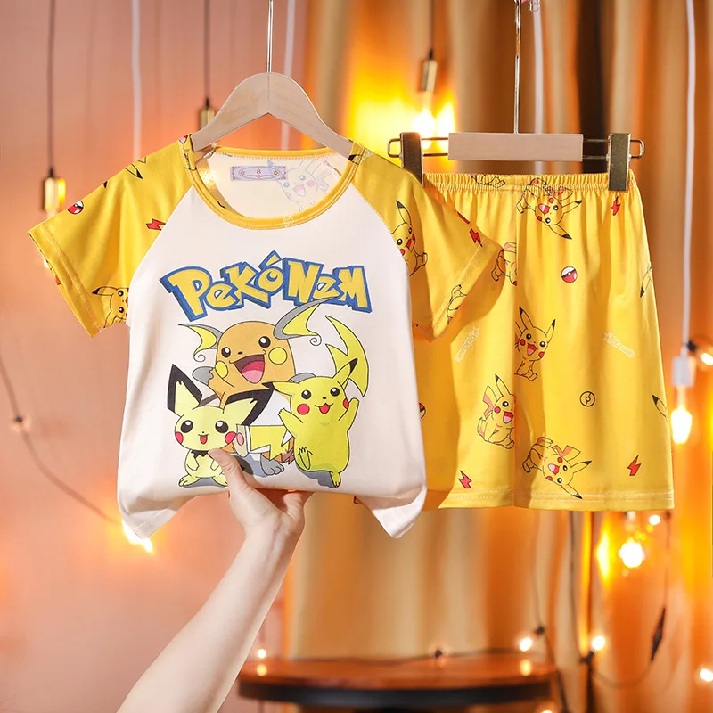 Pikachu Pokemon Erkek Kız Pijama Seti yaz giysileri Set kısa kollu tişört Şort Çocuklar Spor Eşofman çocuk kıyafetleri Görüntü 5