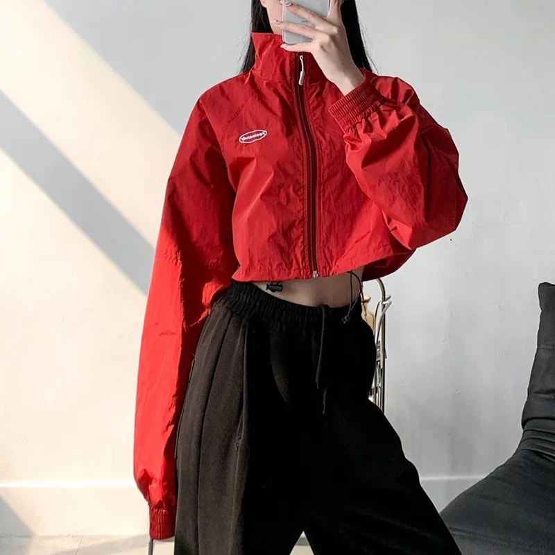 Rüzgarlıklar Kadın İpli Uzun Kollu Giyim Yaz İnce Kırpılmış Ceketler Kadın Streetwear Y2K Standı Yaka Kadın Dropship Görüntü 1