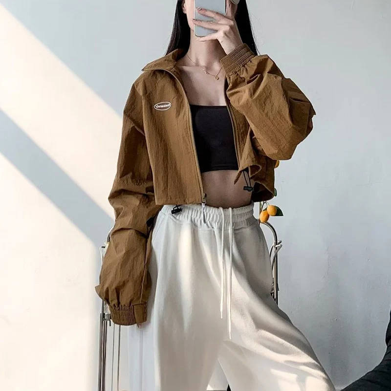 Rüzgarlıklar Kadın İpli Uzun Kollu Giyim Yaz İnce Kırpılmış Ceketler Kadın Streetwear Y2K Standı Yaka Kadın Dropship Görüntü 2