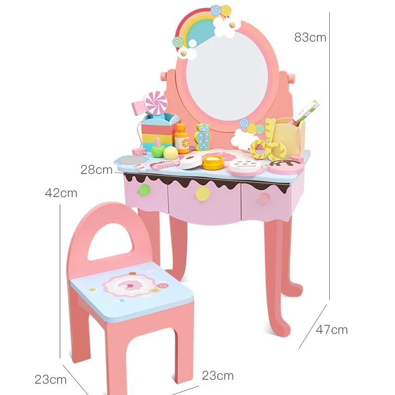 Yeni Ahşap Gökkuşağı Tuvalet Masası Oyuncak Simülasyon Ruj Tırnak Makyaj çocuk Kız Makyaj doğum günü hediyesi Prenses Görüntü 1