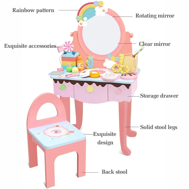 Yeni Ahşap Gökkuşağı Tuvalet Masası Oyuncak Simülasyon Ruj Tırnak Makyaj çocuk Kız Makyaj doğum günü hediyesi Prenses Görüntü 2
