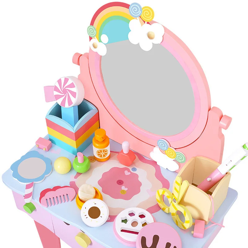Yeni Ahşap Gökkuşağı Tuvalet Masası Oyuncak Simülasyon Ruj Tırnak Makyaj çocuk Kız Makyaj doğum günü hediyesi Prenses Görüntü 4