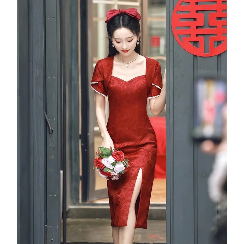 Yourqipao Çin Tarzı Geliştirilmiş Cheongsam'lar Düğün Tost Giyim 2023 Yaz Bordo Geleneksel Düğün Nişan Elbisesi Görüntü 0