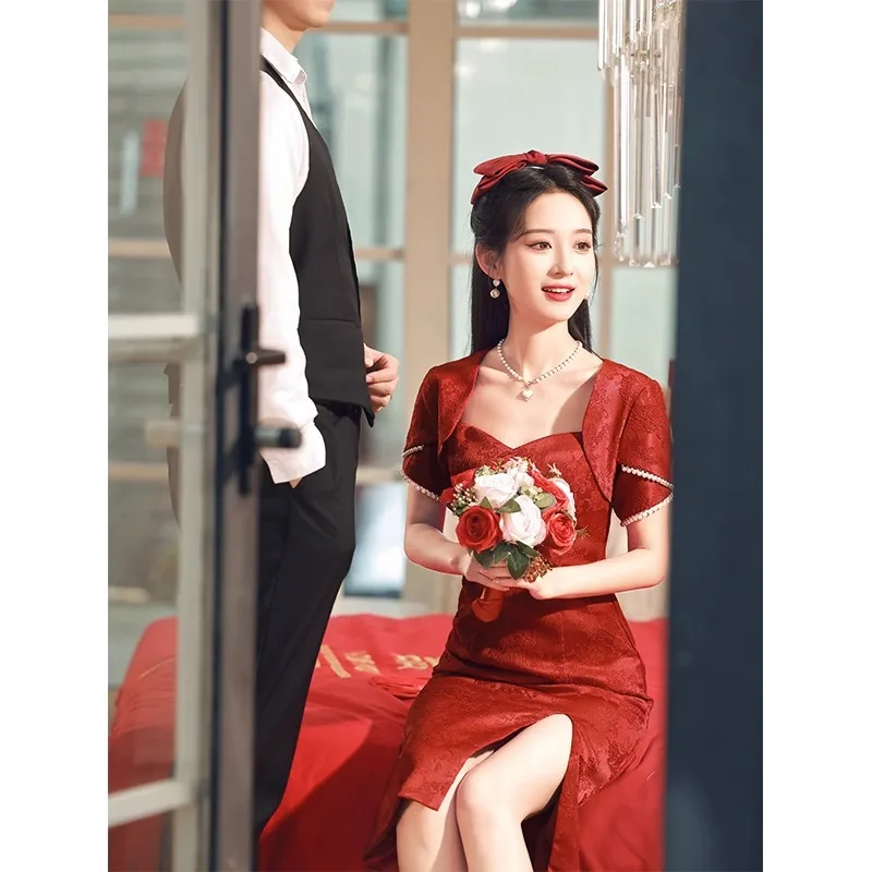 Yourqipao Çin Tarzı Geliştirilmiş Cheongsam'lar Düğün Tost Giyim 2023 Yaz Bordo Geleneksel Düğün Nişan Elbisesi Görüntü 1