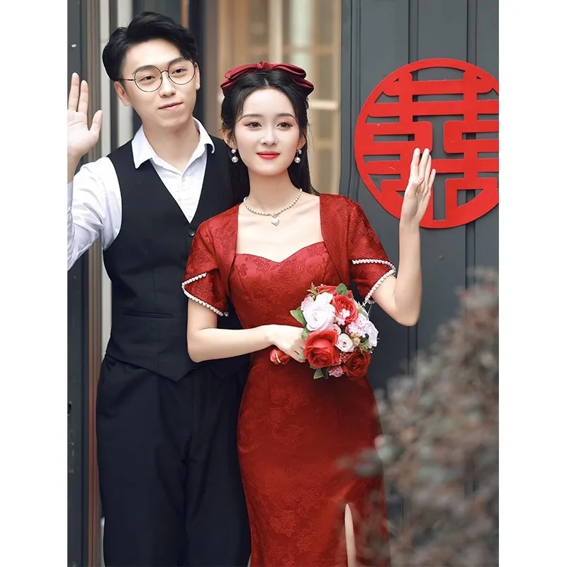 Yourqipao Çin Tarzı Geliştirilmiş Cheongsam'lar Düğün Tost Giyim 2023 Yaz Bordo Geleneksel Düğün Nişan Elbisesi Görüntü 3