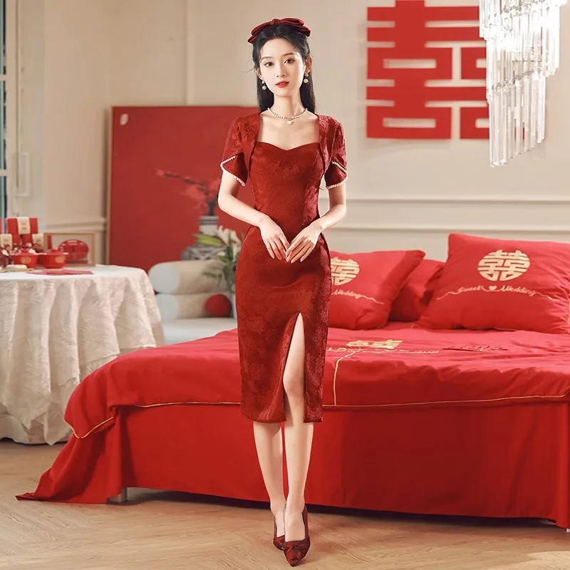 Yourqipao Çin Tarzı Geliştirilmiş Cheongsam'lar Düğün Tost Giyim 2023 Yaz Bordo Geleneksel Düğün Nişan Elbisesi Görüntü 4