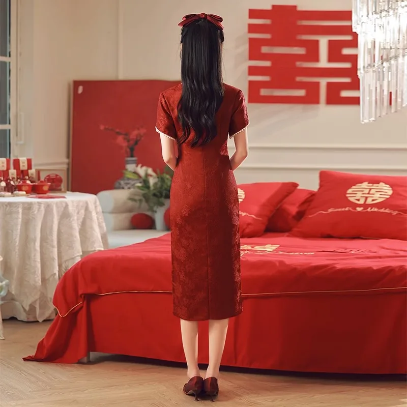 Yourqipao Çin Tarzı Geliştirilmiş Cheongsam'lar Düğün Tost Giyim 2023 Yaz Bordo Geleneksel Düğün Nişan Elbisesi Görüntü 5
