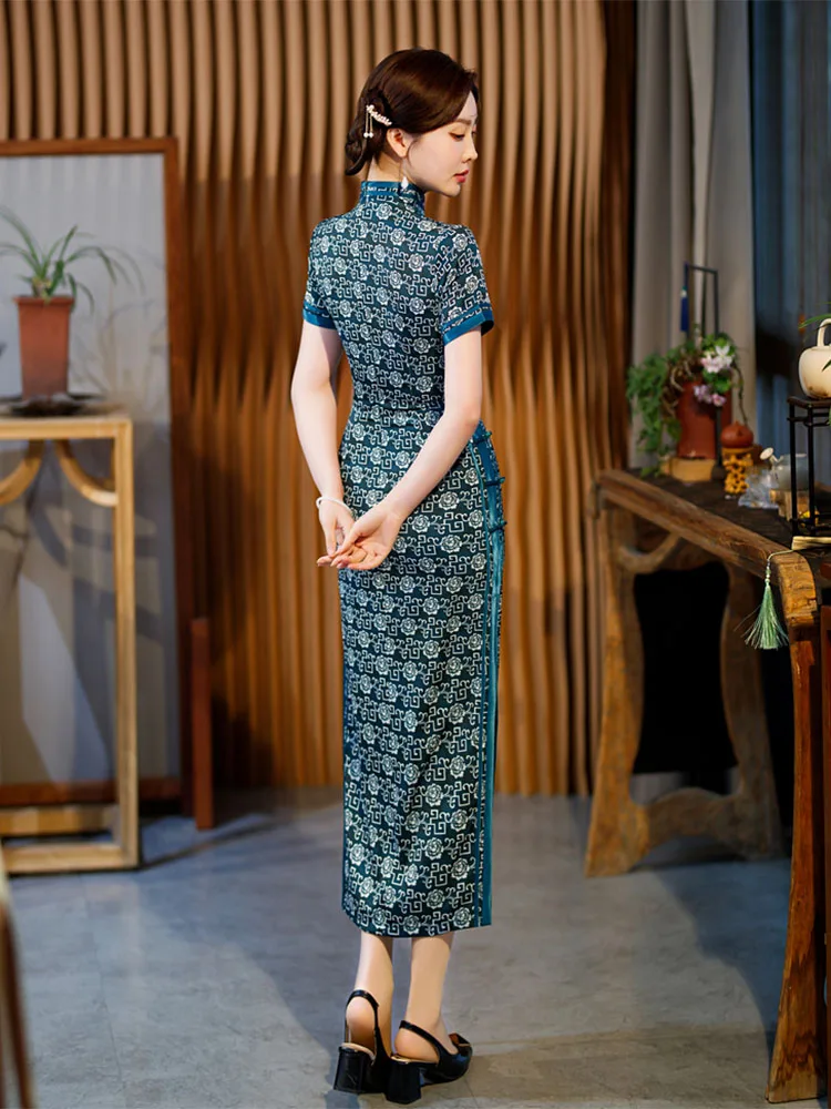 Yourqıpao Yaz Uzun Ince Ipek Mavi Cheongsam Podyum Ziyafet Retro Moda Zarif Qipao Çin Tarzı Akşam Elbise Kadınlar ıçin Görüntü 2