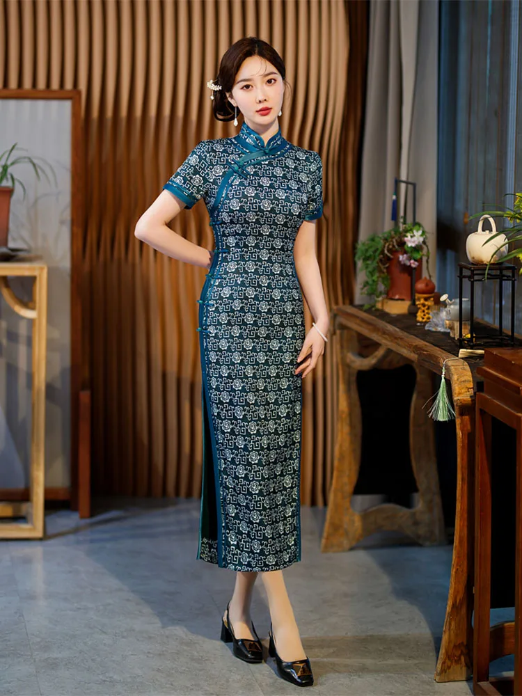 Yourqıpao Yaz Uzun Ince Ipek Mavi Cheongsam Podyum Ziyafet Retro Moda Zarif Qipao Çin Tarzı Akşam Elbise Kadınlar ıçin Görüntü 3
