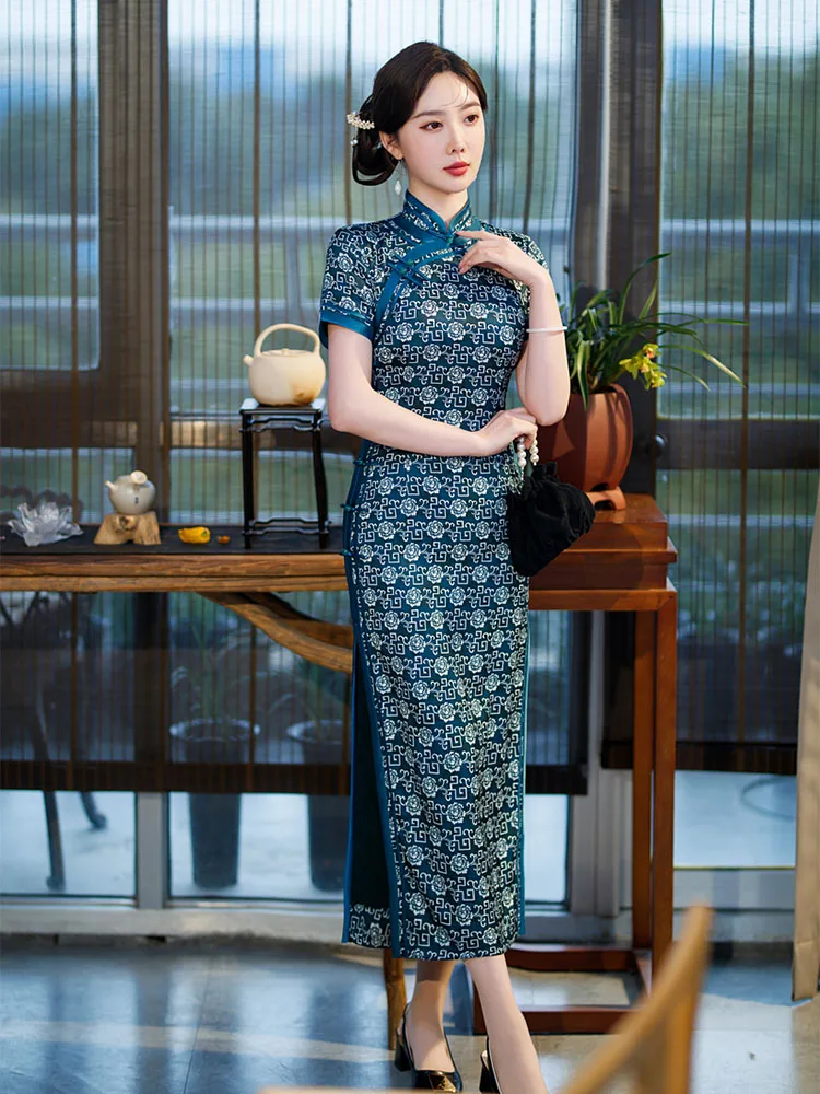 Yourqıpao Yaz Uzun Ince Ipek Mavi Cheongsam Podyum Ziyafet Retro Moda Zarif Qipao Çin Tarzı Akşam Elbise Kadınlar ıçin Görüntü 5